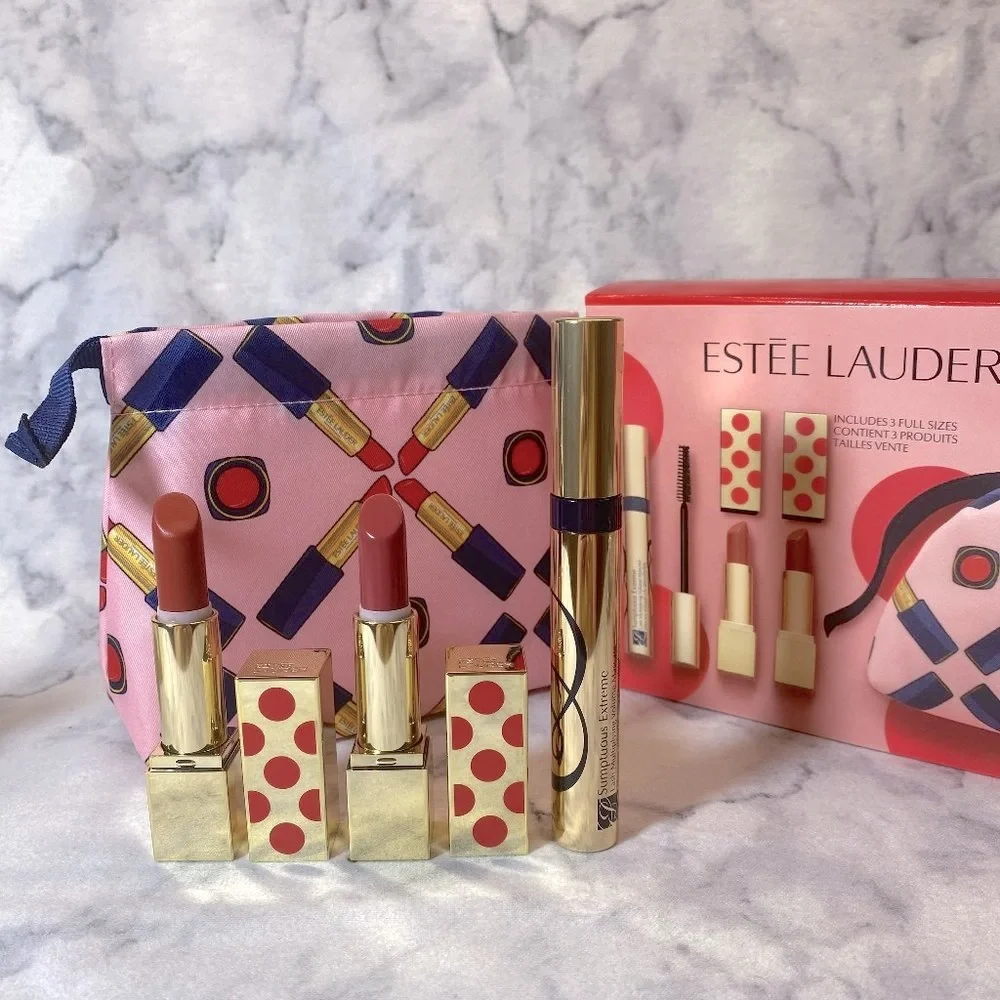 Estee Lauder Beauty Gift Set-2 Lipsticks & Mascara Full Size,Pouch-4pc-BOXED-NEW